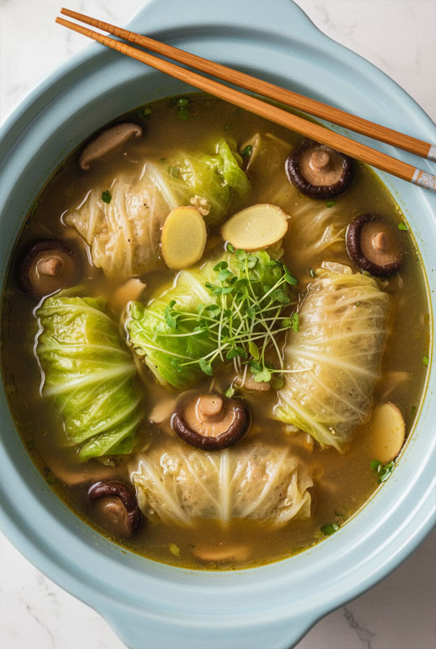 A bowl of Asian Cabbage Roll Soup with ground turkey, mushrooms, and miso broth.