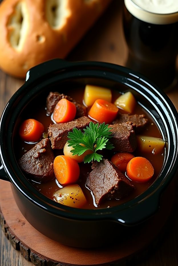 Hearty Beef & Guinness Stew with vegetables in a crockpot, served with fresh bread for a comforting meal.