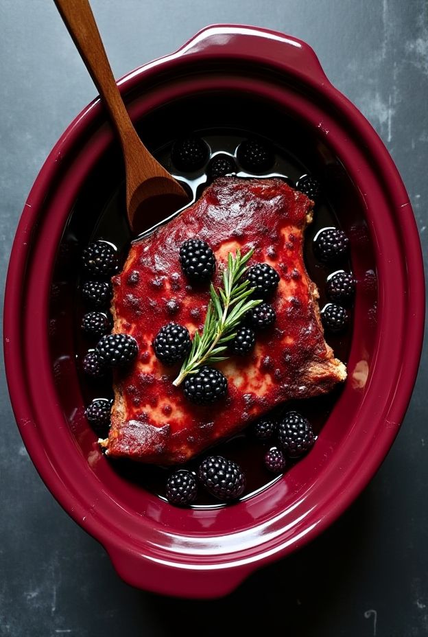 Tender blackberry balsamic pork shoulder slow-cooked in a crockpot, garnished with fresh blackberries and thyme.