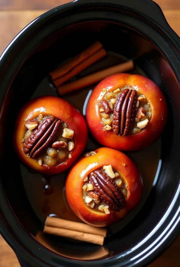 Crockpot Bourbon Brown Sugar Baked Apples with pecans and cinnamon for a cozy dessert.