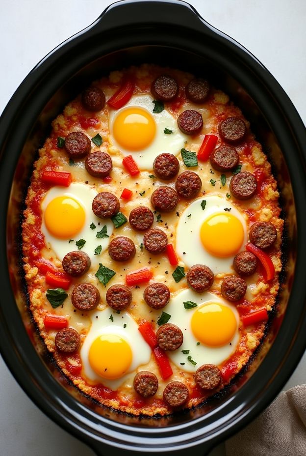 Crockpot Breakfast Pizza Casserole with hash browns, eggs, sausage, peppers, and mozzarella cheese.