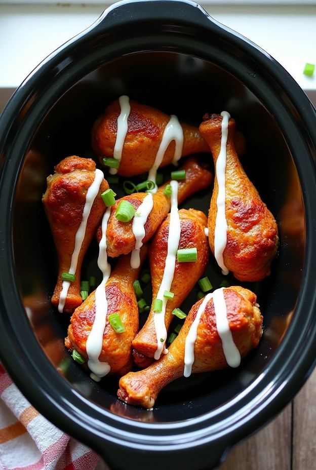Savory spicy Cajun ranch chicken legs cooked in a crockpot, garnished with green onions and creamy ranch glaze.