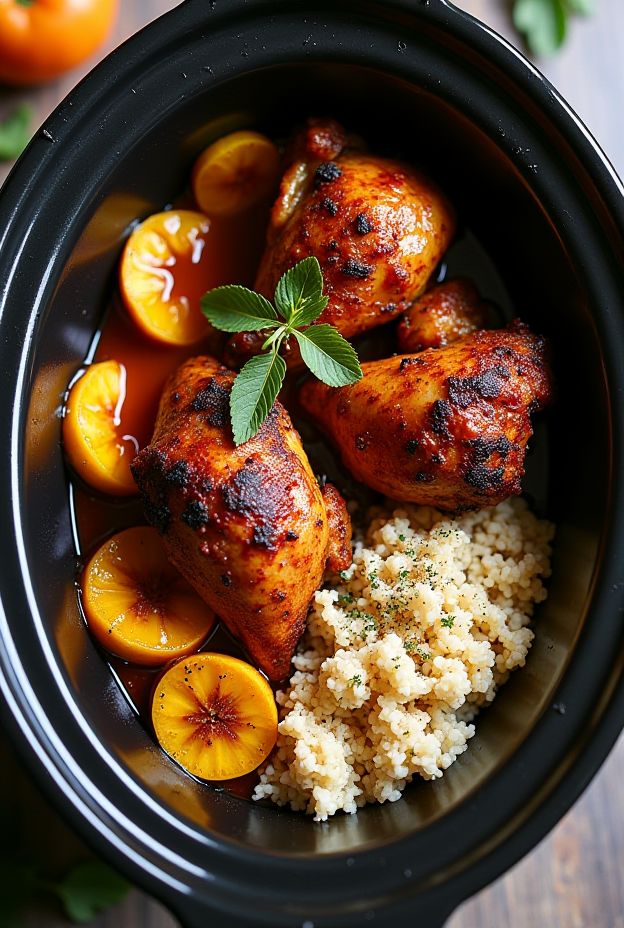 Flavorful Slow Cooker Caribbean Jerk Chicken with sweet plantains and creamy coconut rice in a crockpot.