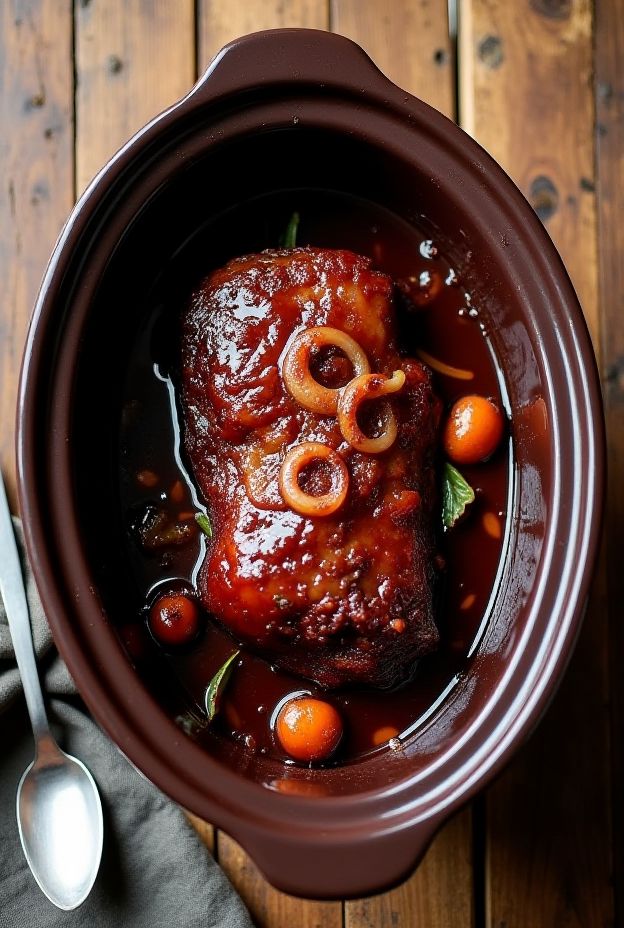 Cherry Cola Glazed Beef Roast with caramelized onions in a crockpot, a flavorful and tender dish for family gatherings.