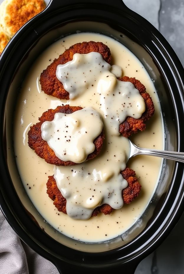 Crockpot Chicken Fried Steak topped with creamy pepper gravy, perfect comfort food meal.