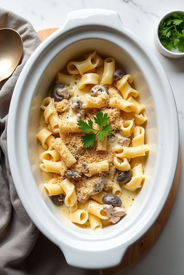 Crockpot Chicken Tetrazzini with creamy sauce, pasta, chicken, and mushrooms served in a white dish.