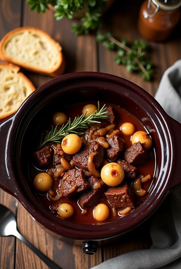 Classic Beef Bourguignon stew with pearl onions and mushrooms in a crockpot.
