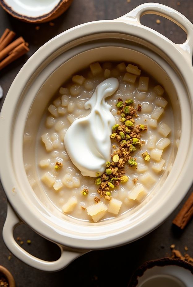 A comforting bowl of Coconut Chai Rice Porridge made in a crockpot with delicious spices and toppings.
