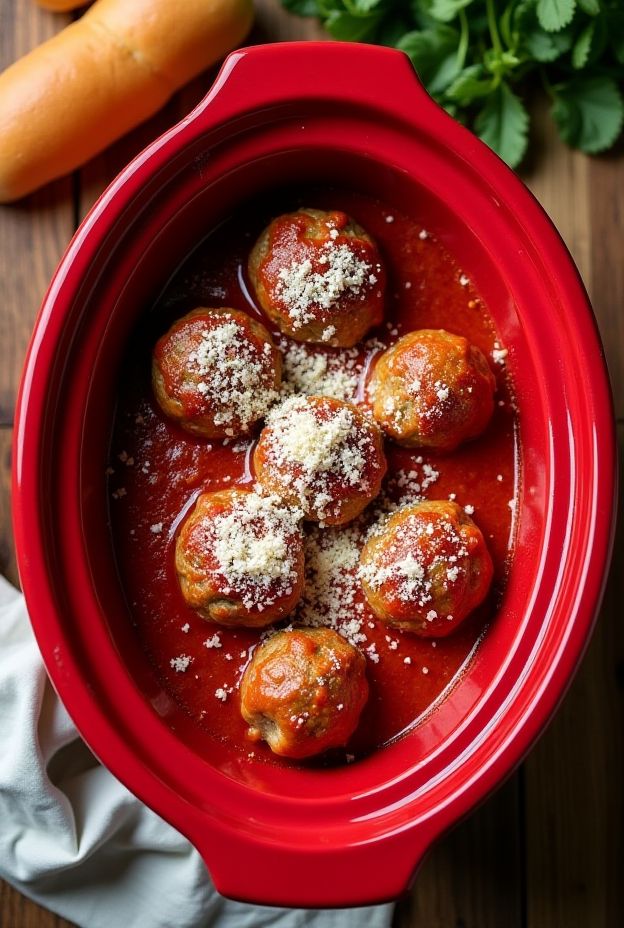 Country-Style Meatball Subs featuring Italian meatballs topped with cheese in a slow cooker.