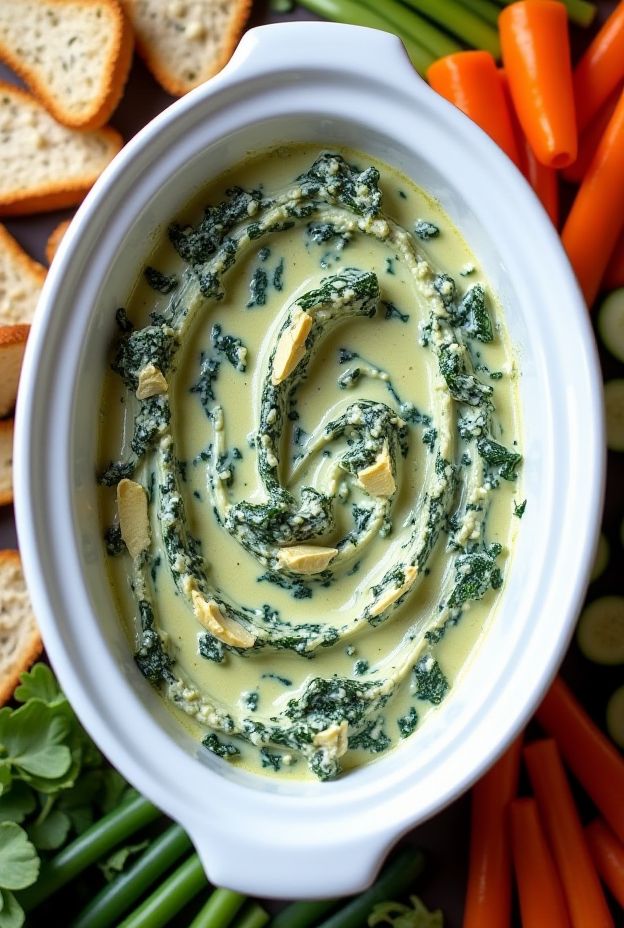 Creamy Spinach and Kale Dip served warm, featuring kale, spinach, artichoke hearts, with various fresh vegetables for dipping.