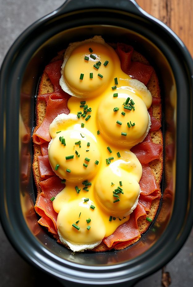Hearty Crockpot Eggs Benedict Casserole featuring English muffins, Canadian bacon, poached eggs, and rich hollandaise sauce.