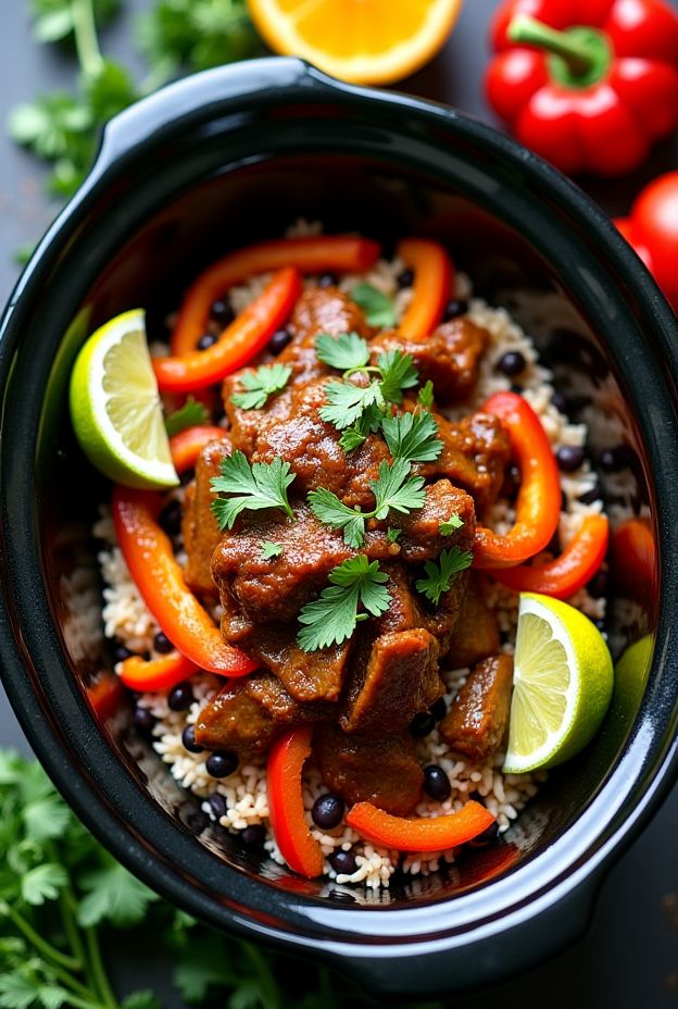 Cuban Mojo Pork with Rice featuring citrus-marinated pork, black beans, and vibrant bell peppers in a crockpot.