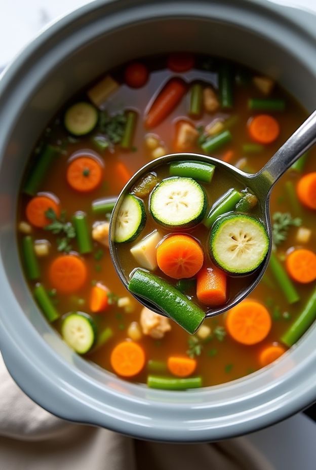 Healthy Garden Vegetable & Turkey Soup made in a crockpot with vibrant vegetables and lean turkey.