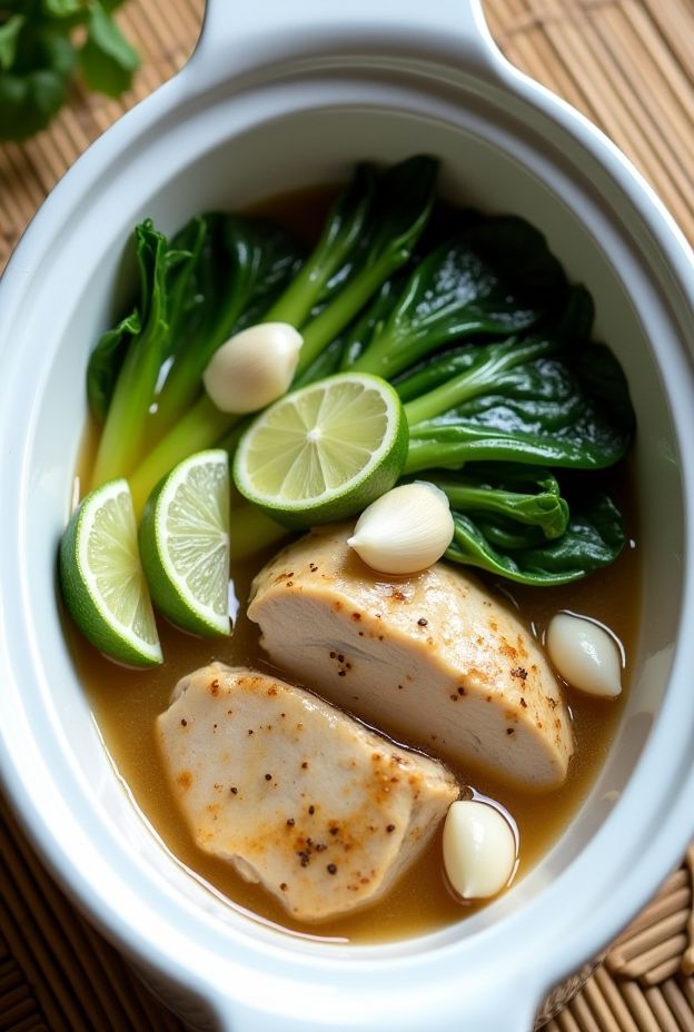 A nutritious Garlic Lime Chicken with Bok Choy cooked in a crockpot, featuring vibrant lime slices and garlic.