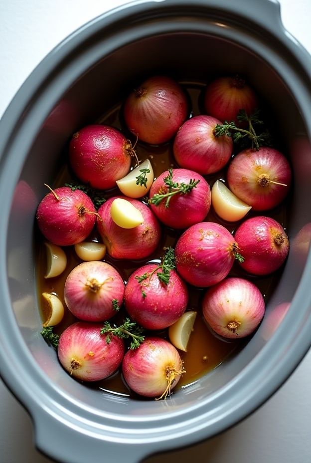 Crockpot filled with garlic roasted radishes, ready for slow cooking with herbs and spices.