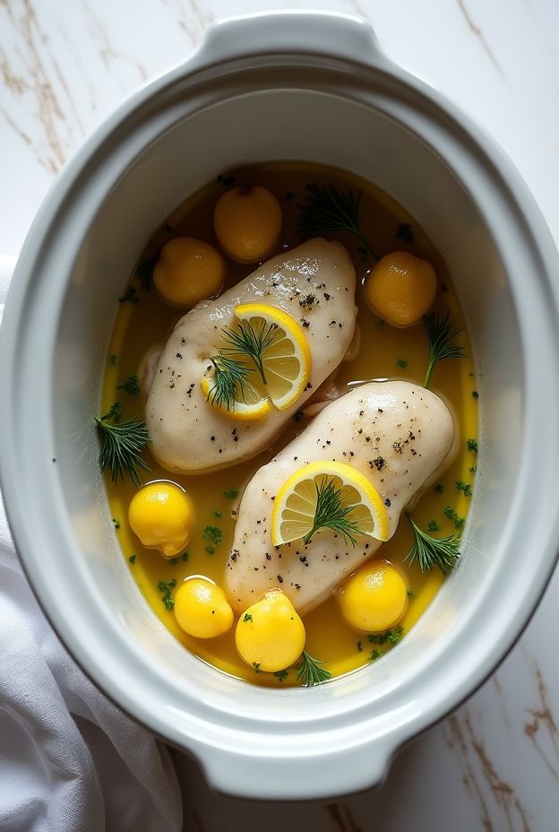 Crockpot Herb Poached Chicken & Artichokes garnished with lemon and herbs.