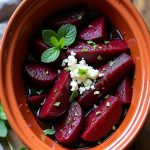 Honey Harissa Roasted Beets in a slow cooker topped with goat cheese and fresh herbs, showcasing vibrant colors and flavors.