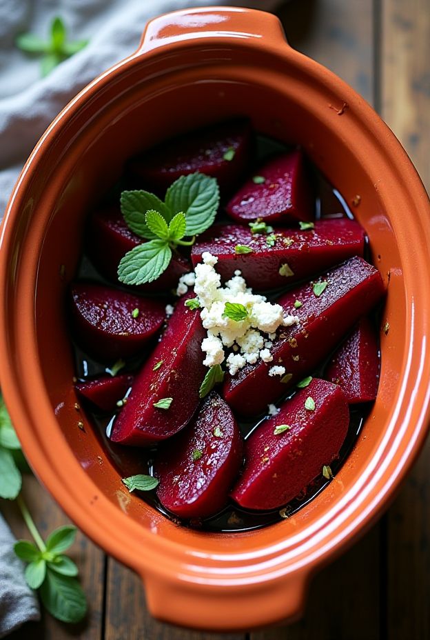 Honey Harissa Roasted Beets in a slow cooker topped with goat cheese and fresh herbs, showcasing vibrant colors and flavors.