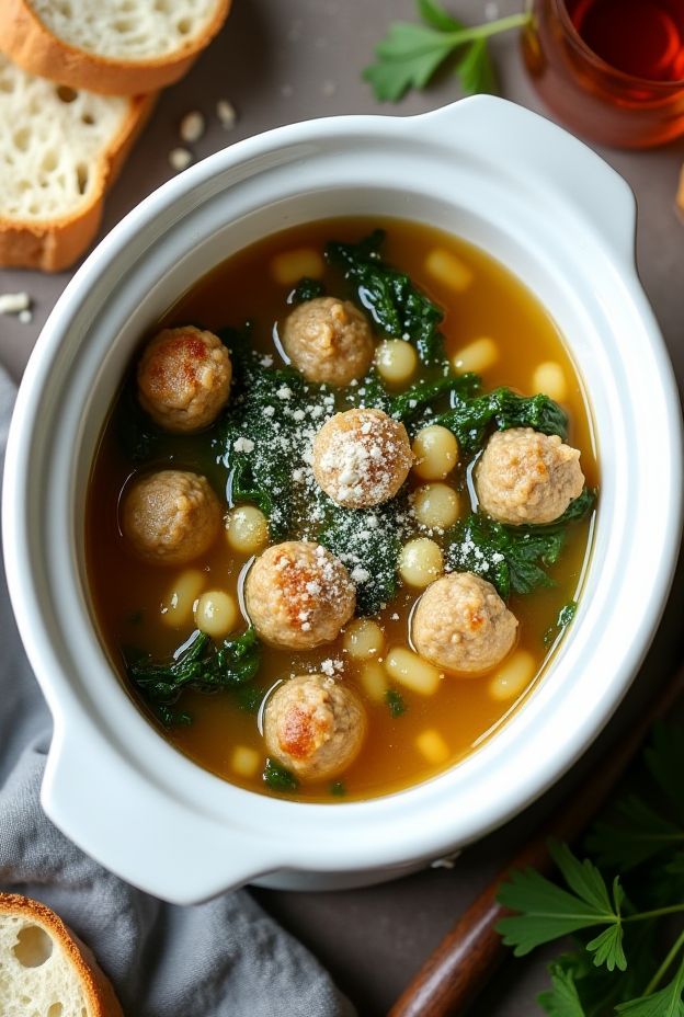 Crockpot Italian Wedding Soup with meatballs, greens, and pastina served in a white bowl.
