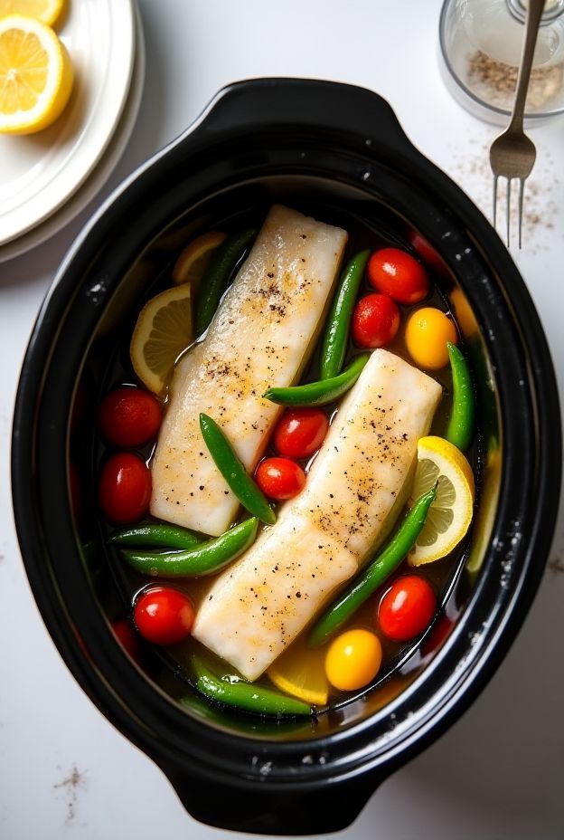 Crockpot Lemon Pepper Tilapia with snap peas, bell peppers, and cherry tomatoes, simmered in a zesty broth.
