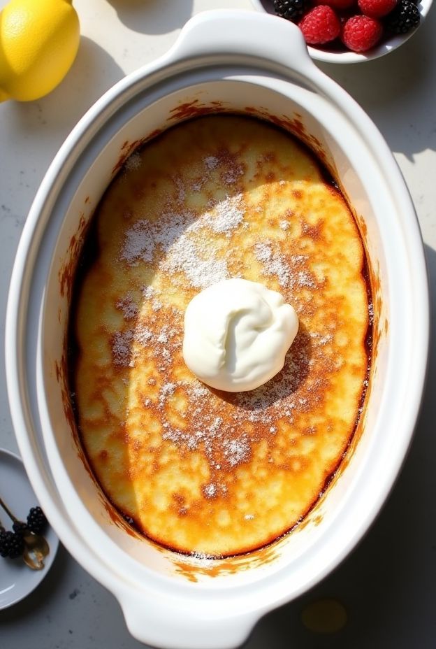 Fluffy Lemon Ricotta Pancake Casserole prepared in a crockpot, topped with fresh ingredients.
