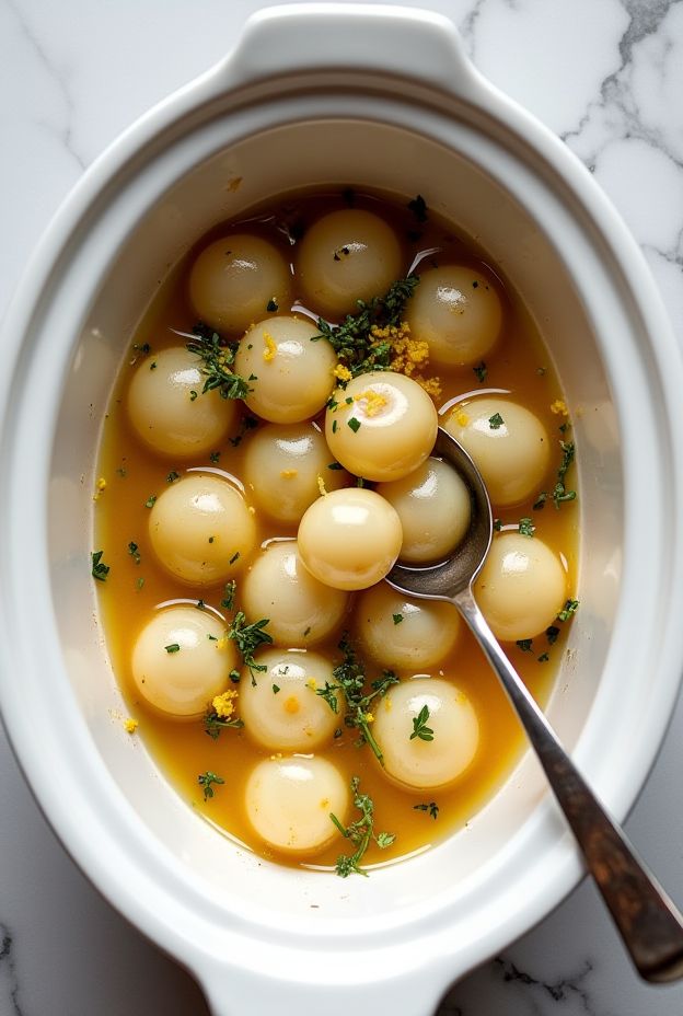 Wholesome lemon thyme pearl onions recipe cooked in a crockpot, showcasing a vibrant glaze and fresh herbs.