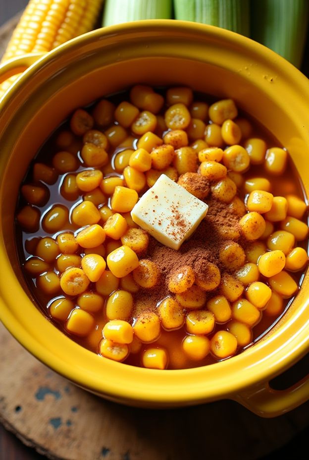 Crockpot Maple Cinnamon Sweet Corn with butter and spices, perfect for any occasion.