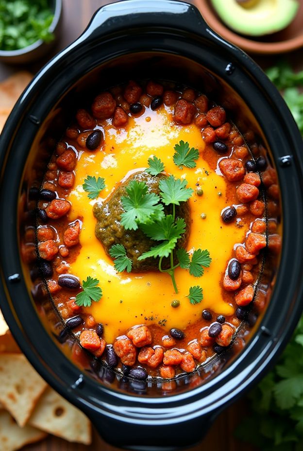 Crockpot Mexican Chorizo & Egg Bake with black beans and cheese topped with cilantro.