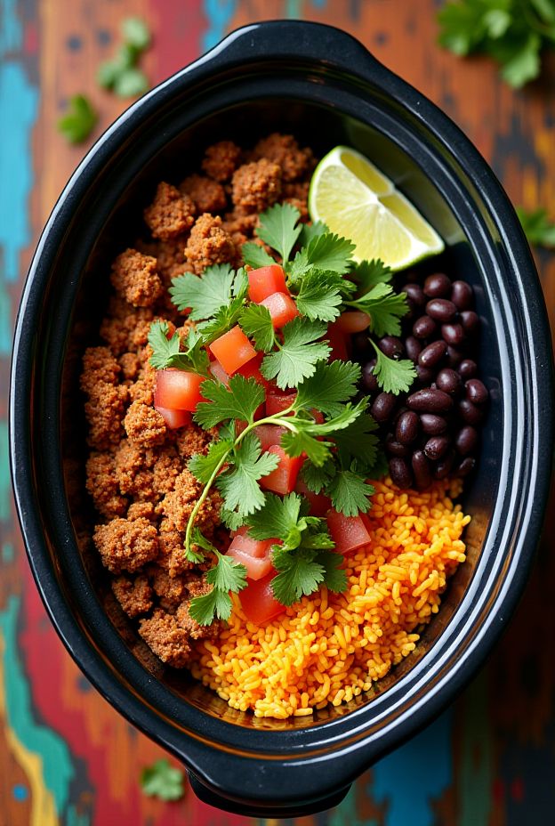Crockpot Mexican Street Taco Bowl with seasoned beef, cilantro-lime rice, black beans, and pico de gallo.