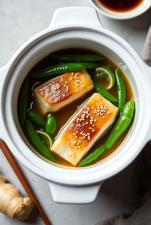Healthy miso glazed cod and sugar snap peas cooked in a crockpot, showcasing a nutritious meal option.
