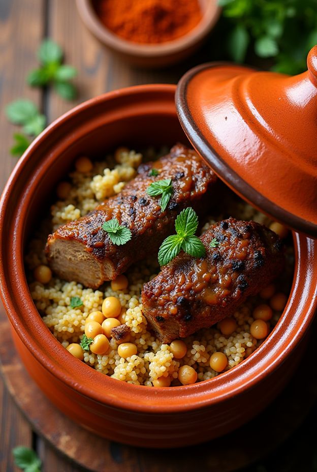 A vibrant bowl of Moroccan lamb and couscous, featuring spiced lamb with chickpeas and fluffy couscous, garnished with mint.