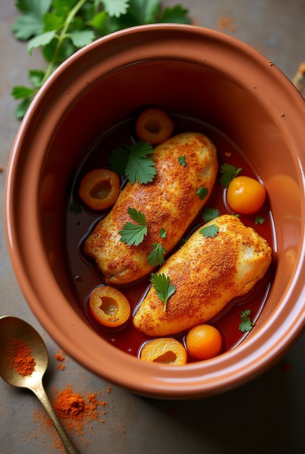 Crockpot Moroccan Spiced Chicken Breast garnished with dried apricots and cilantro.