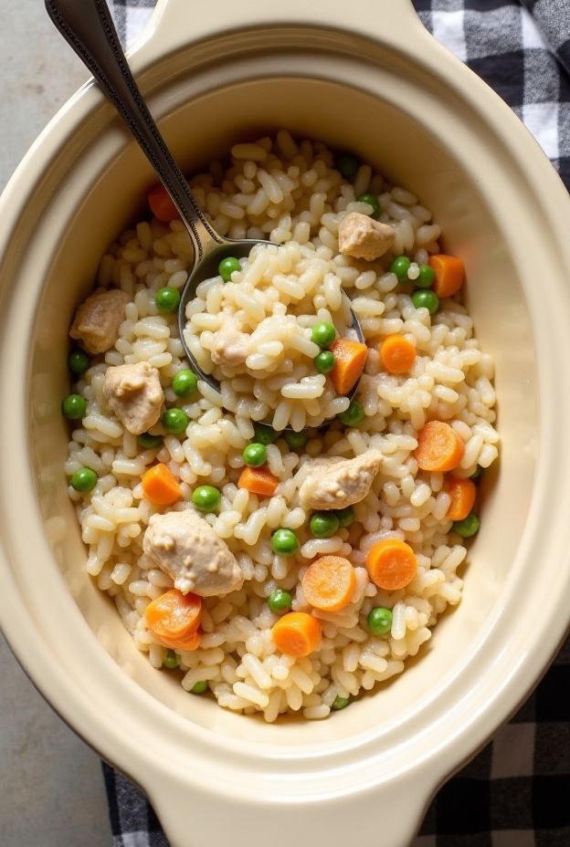 Creamy Old-Fashioned Chicken and Rice in a crockpot with peas, carrots, and celery for a hearty family meal.