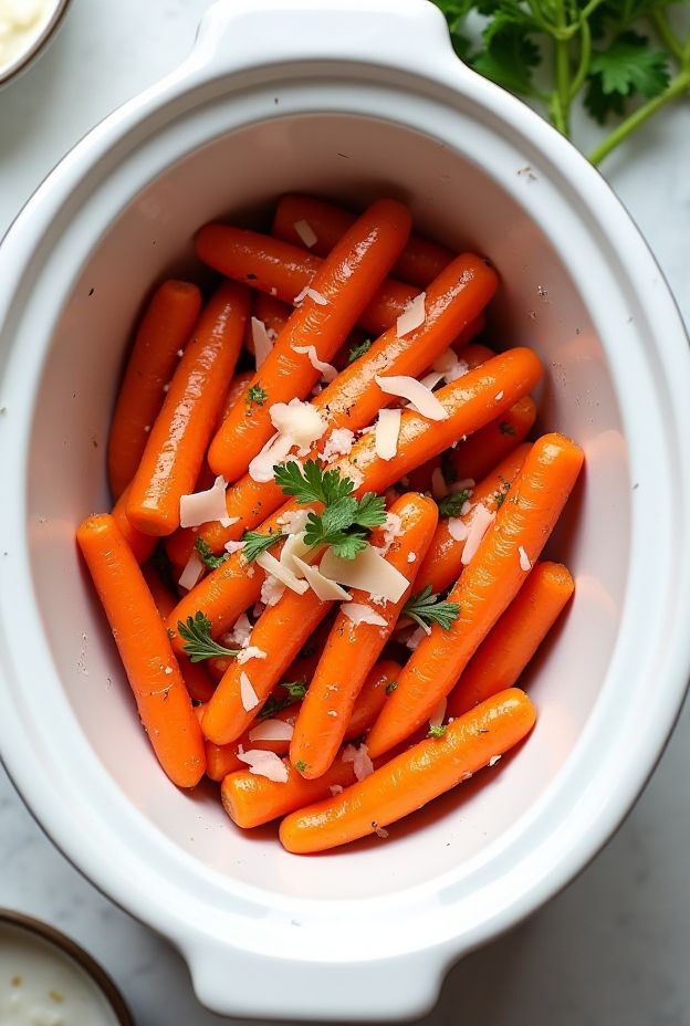 Crockpot Parmesan Garlic Baby Carrots served with cheese, butter, and herbs, a nutritious side dish.