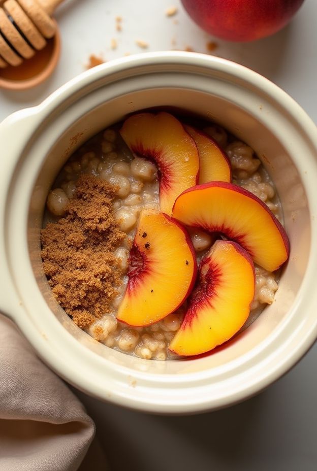 Delicious slow-cooked peach cobbler oatmeal with fresh peaches, cinnamon, and brown sugar, served hot.