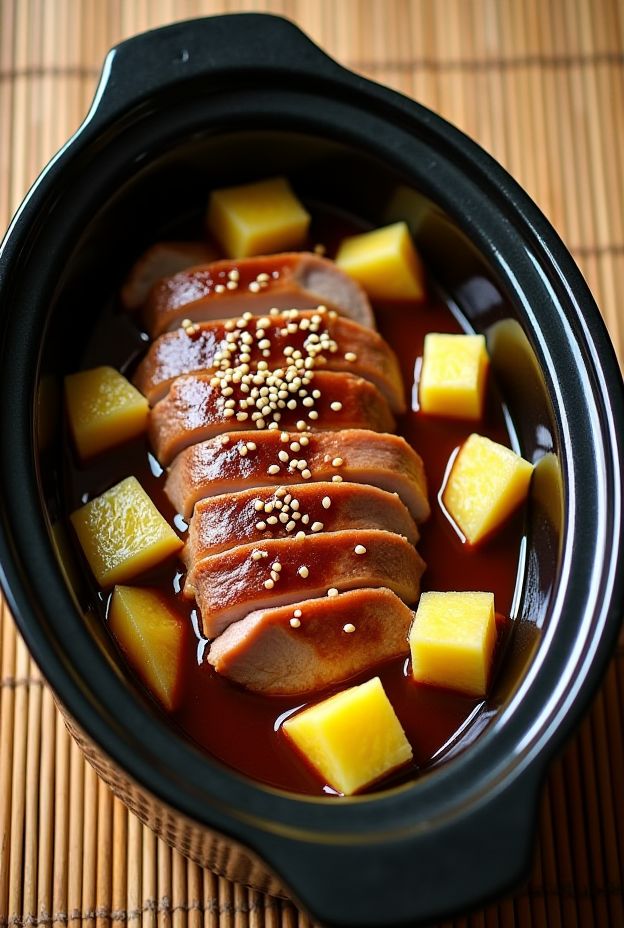 Crockpot Pineapple Teriyaki Duck Breast with succulent slices and fresh pineapple chunks in a savory sauce.