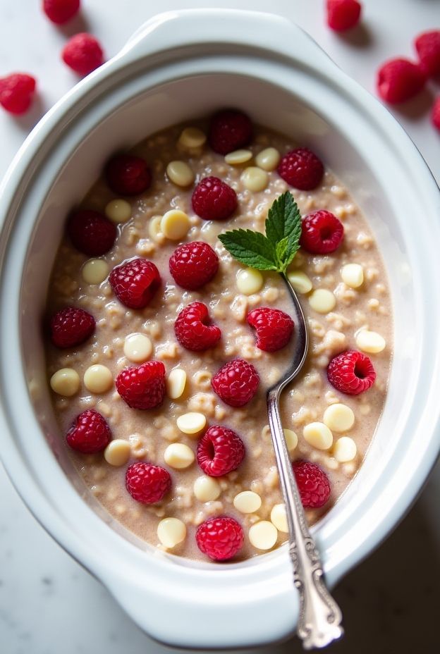 Creamy crockpot oatmeal with raspberries and white chocolate chips, a delicious breakfast option.