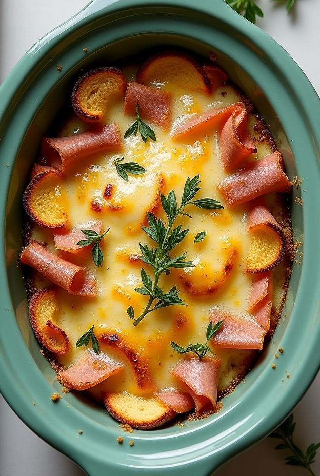 Savory Ham & Gruyere Strata cooked in a crockpot, featuring layers of bread, ham, and cheese.