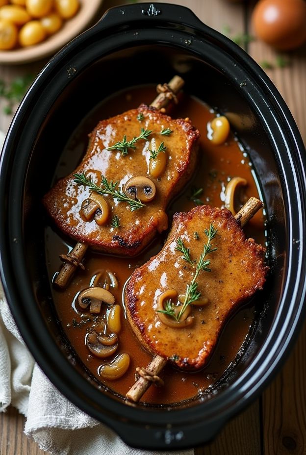 Thick pork chops smothered in rich onion and mushroom gravy in a slow cooker.