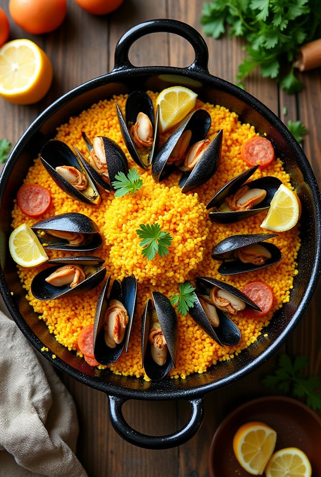 Saffron rice seafood paella featuring mussels, clams, squid, and chorizo in a vibrant presentation.