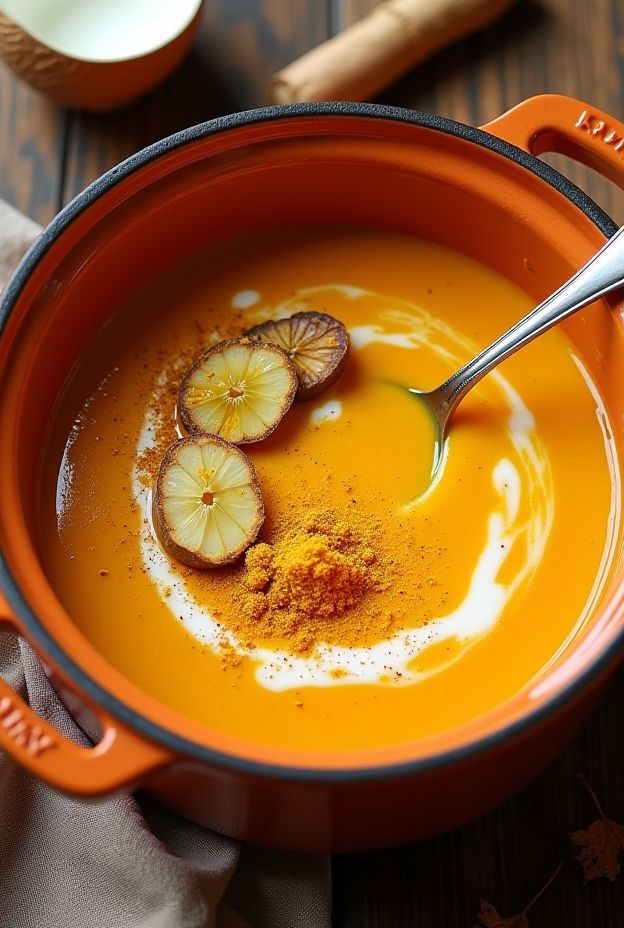 Creamy spiced butternut squash soup served with a swirl of coconut milk and garnished with a sprinkle of turmeric.