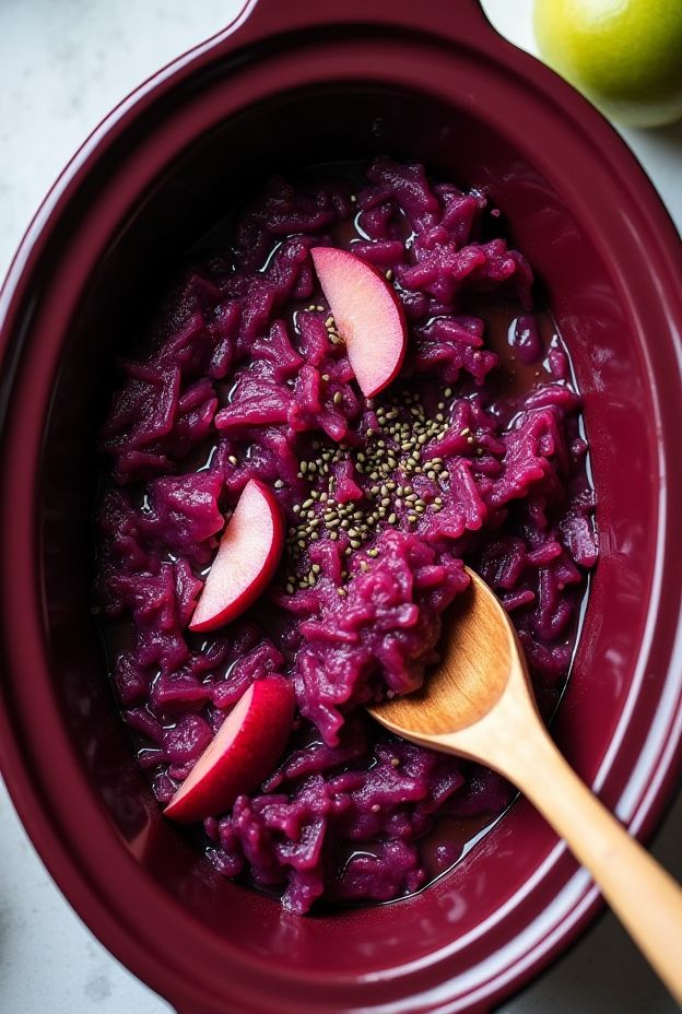 Sweet & Tangy Braised Red Cabbage cooked with apples and vinegar in a slow cooker, colorful side dish.