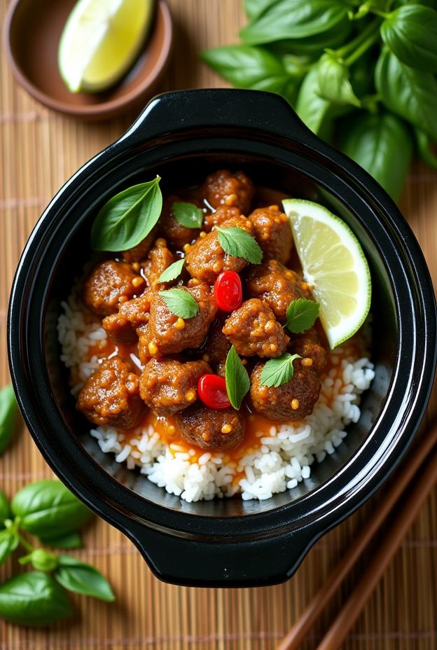 Easy and flavorful crockpot Thai basil pork served over jasmine rice with herbs and lime.