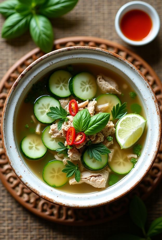 Light Thai Cucumber Turkey Soup with fresh ingredients and toppings in a crockpot.