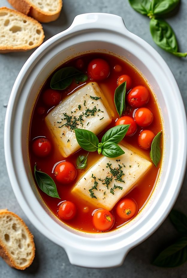Crockpot Tomato Basil White Fish Fillets with fresh tomatoes and basil. A healthy, easy meal idea!