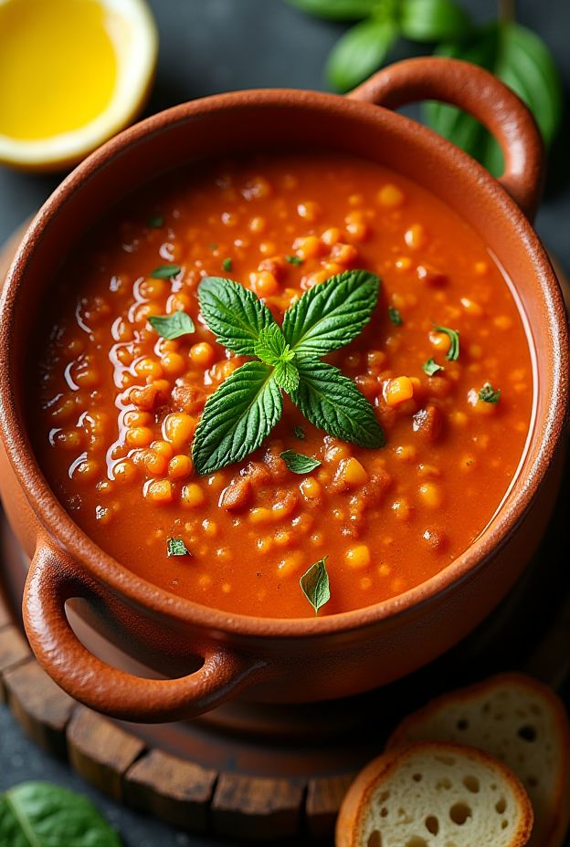 A hearty bowl of Turkish Red Lentil & Mint Soup, served with fresh mint and a squeeze of lemon.